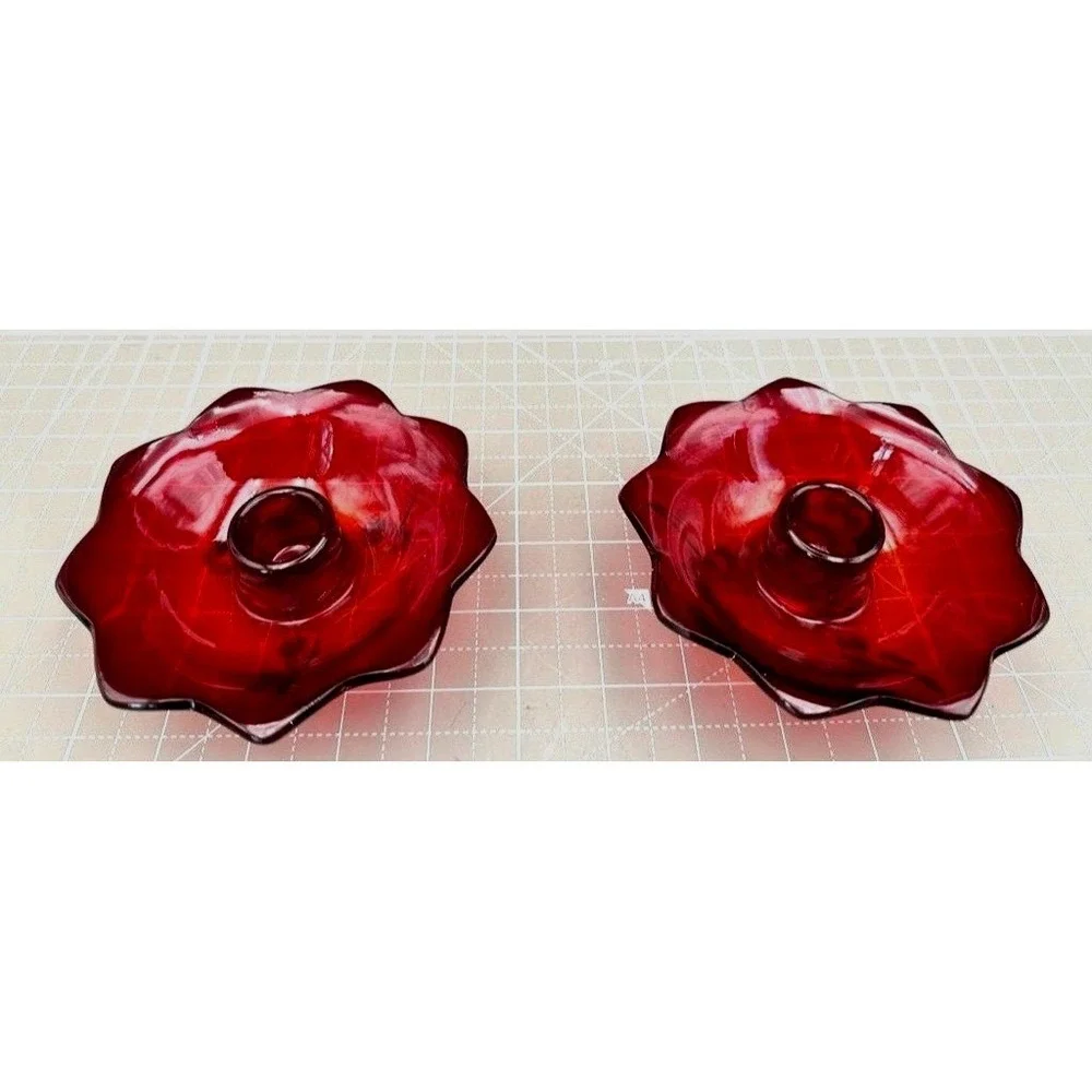 Vintage  Fenton Amberina Candlestick Holders Lotus Flower Glass Glow 4.5